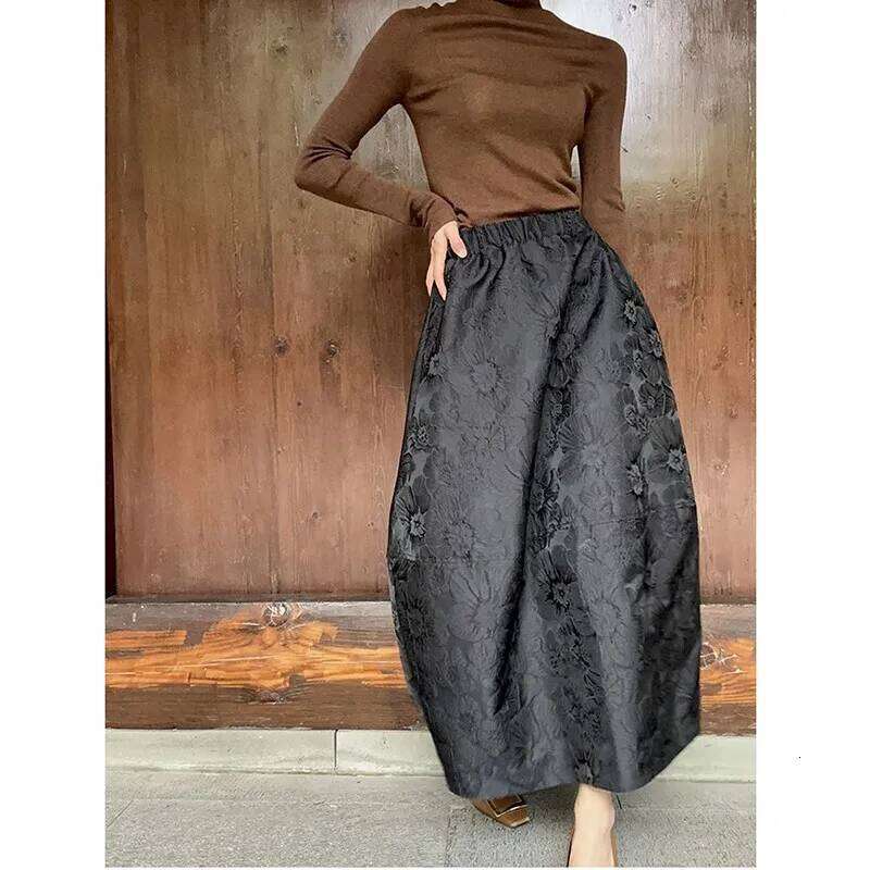 Spring Summer Fashion Arts Style Women Loose Casual A-line Skirt Elastic High Waist Jacquard Ankle Length Vintage Daily Comfortable Long Skirt MAKOUFE