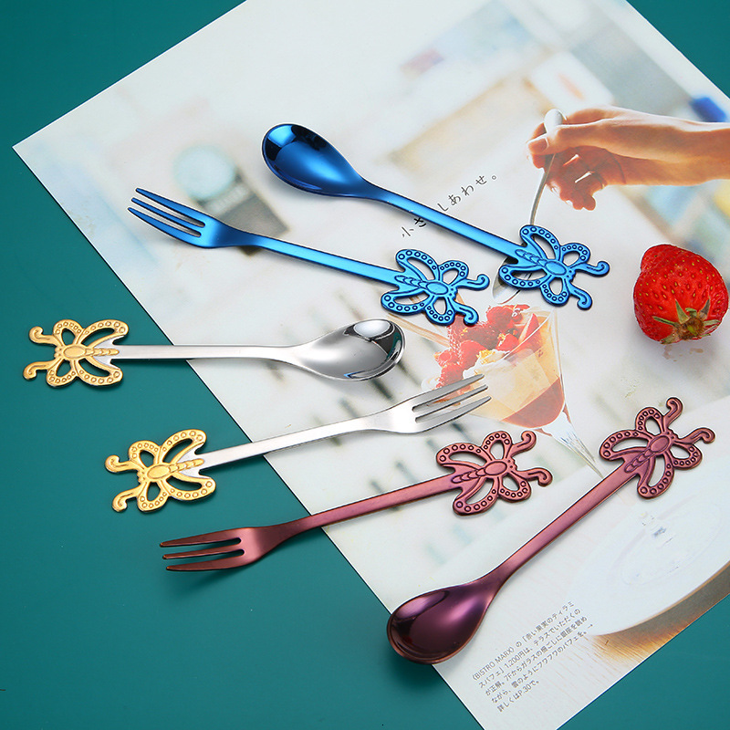 Cutlery 304 Stainless Steel Butterfly Coffee Spoon Golden Fantasy Colorful Dessert Fruit Fork Creative Fork