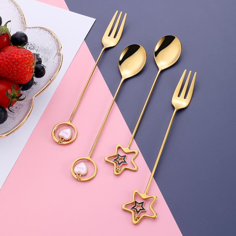 Fork New Creative Star Pendant Japanese Korean Fruit Fork Dessert Coffee Spoon 304 Stainless Steel Spoon