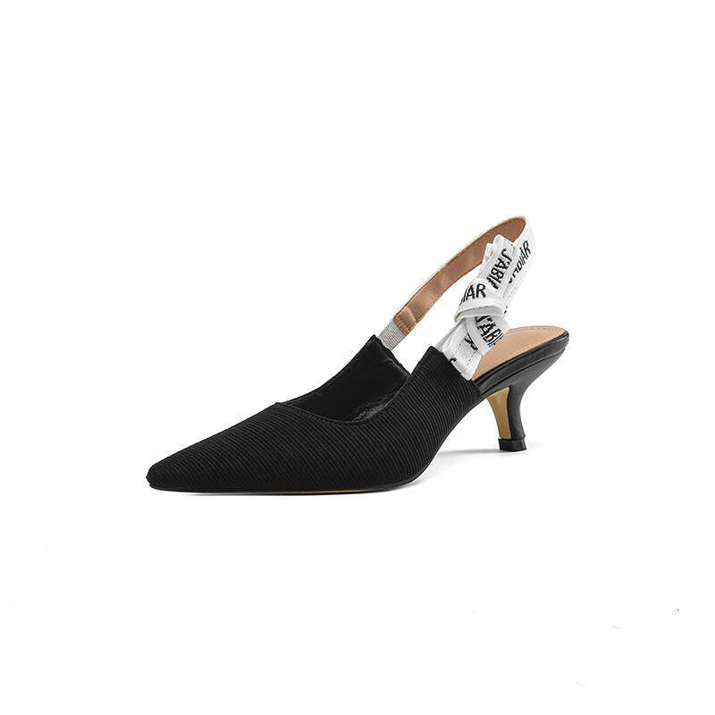 Summer New Versatile Cat Letter for Women, Closed Toe, Thin Mid Heel, Backless, Shallow Mouth, High Heel Sandals