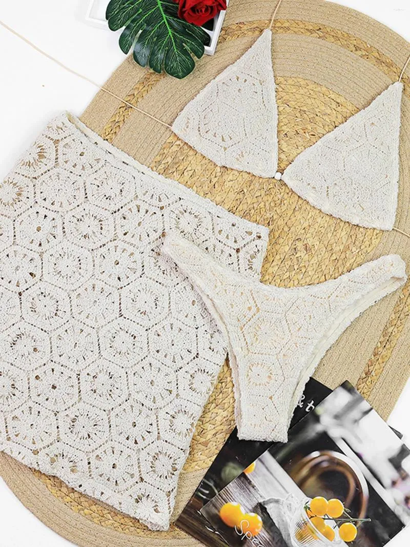 Chic Tri-Piece Womens Lacy Swimsuits with Crocheted Detail & Haltered Top Perfect Beach Outfit Accessory of 2024