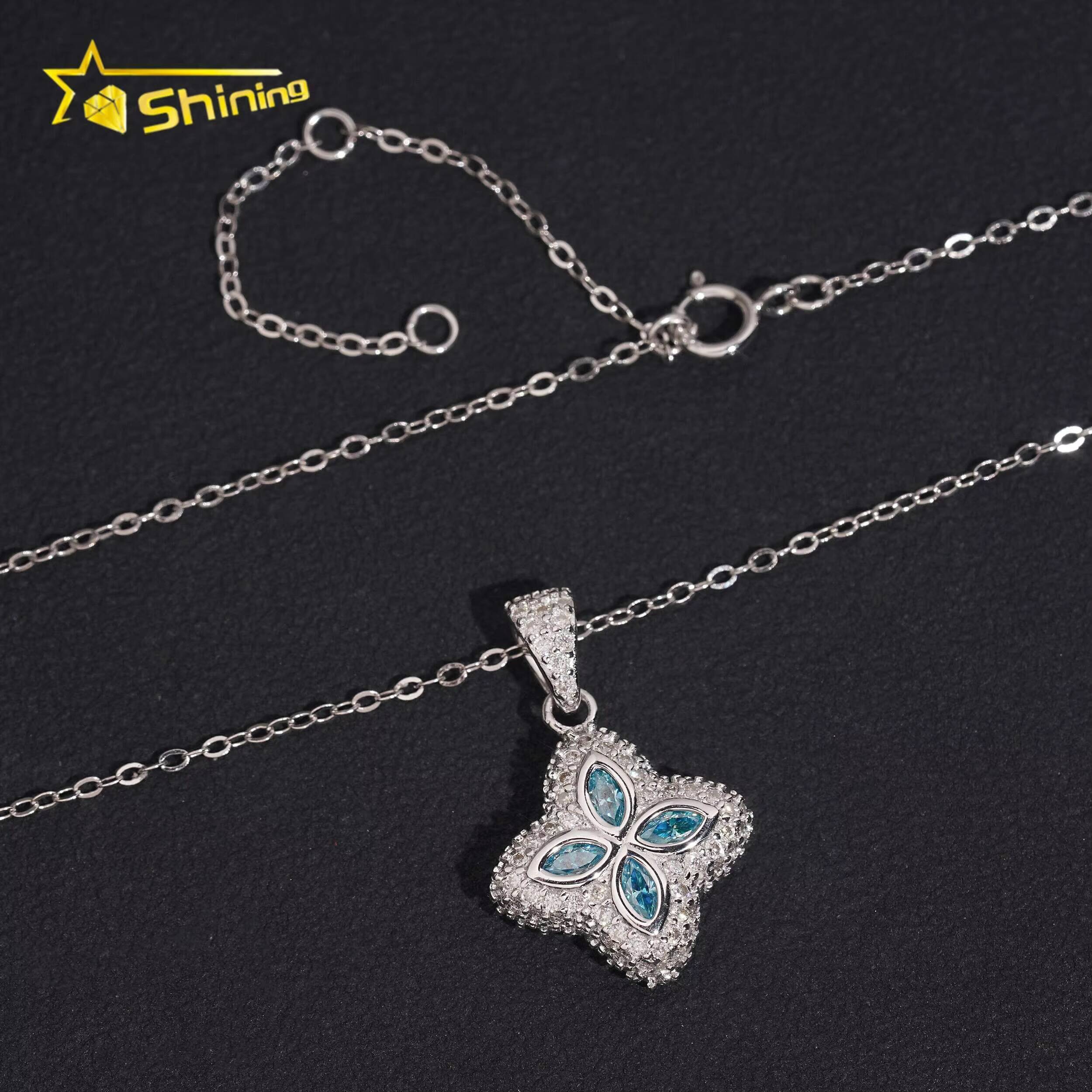 GRA Certificated Iced Out Moissanite Clover Pendant Necklace Fine Jewelry 925 Silver Pendants for Women Necklace