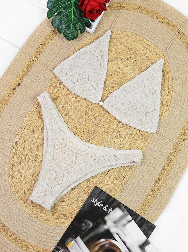 Chic Tri-Piece Womens Lacy Swimsuits with Crocheted Detail & Haltered Top Perfect Beach Outfit Accessory of 2024