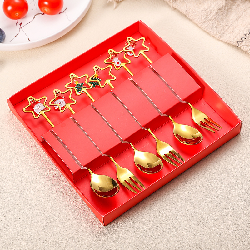 2pcs Cross-border stainless steel spoon and fork two-piece set, gold cake dessert coffee spoon, fruit fork, Christmas tableware