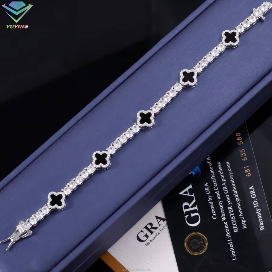 Yu Ying Design 925 Sterling Silver VVS Mossanite Diamond With Four Leaf Clover Black Agate Necklace Moissanite Tennis Chain