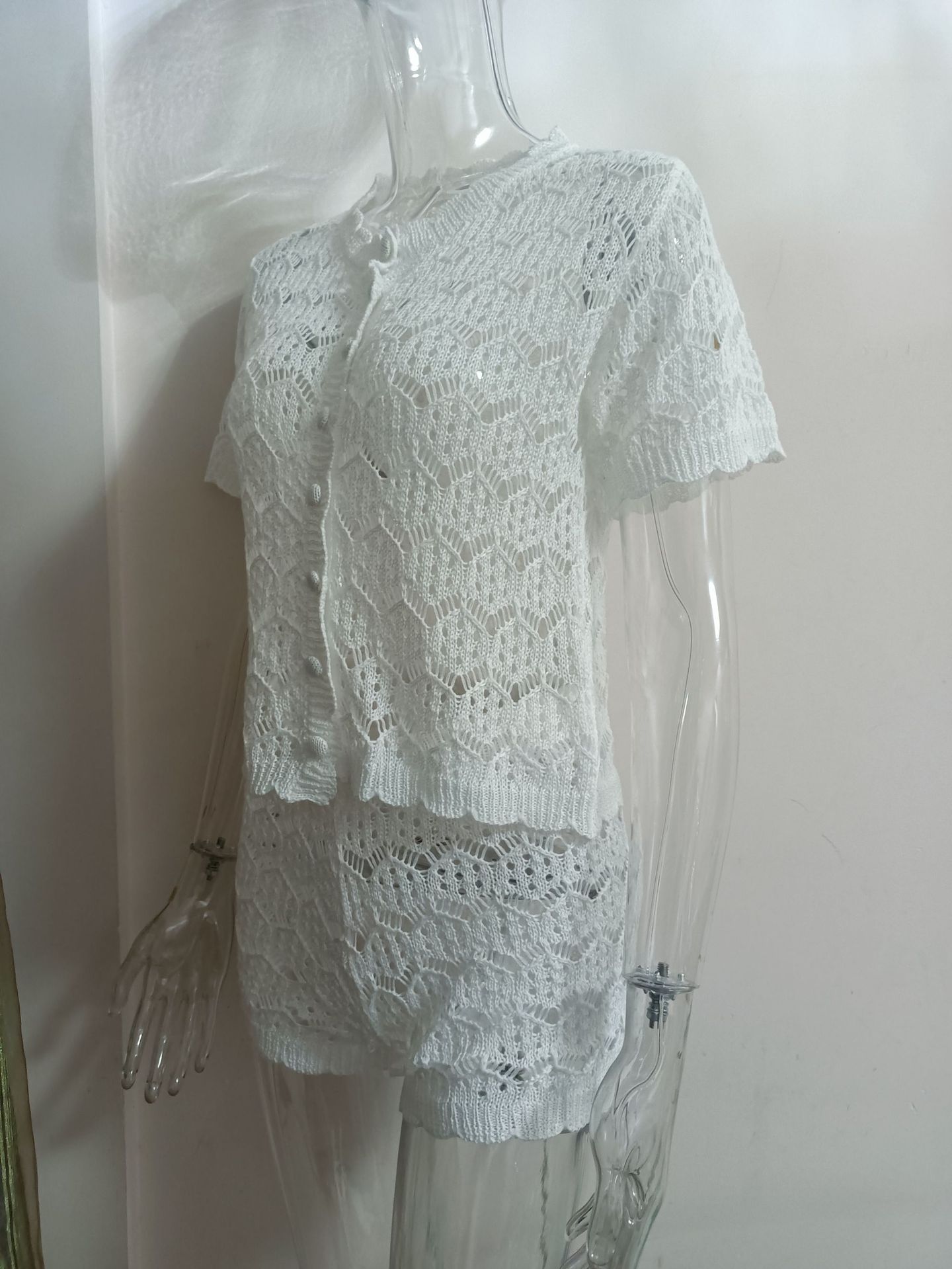 Women's Tracksuits Women Crochet Hollow Out Top Shorts Set Fashion Round Neck Cardigan Crop Tops 2 Piece Sets Summer Lady Y2k Beach Party