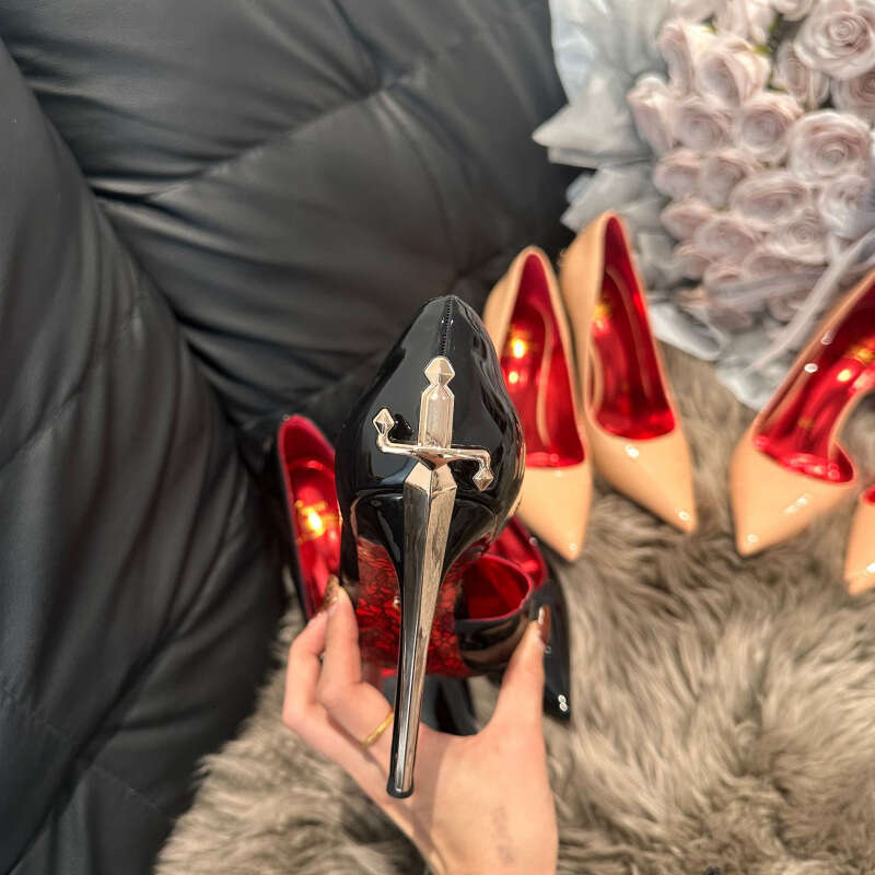 Huangbu Women S Shoes Gold Scepter High Heels New Model Thin Heel Comfortable Printed Red Sole Pointed Toe Leather Pumps