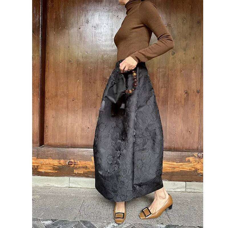 Spring Summer Fashion Arts Style Women Loose Casual A-line Skirt Elastic High Waist Jacquard Ankle Length Vintage Daily Comfortable Long Skirt MAKOUFE