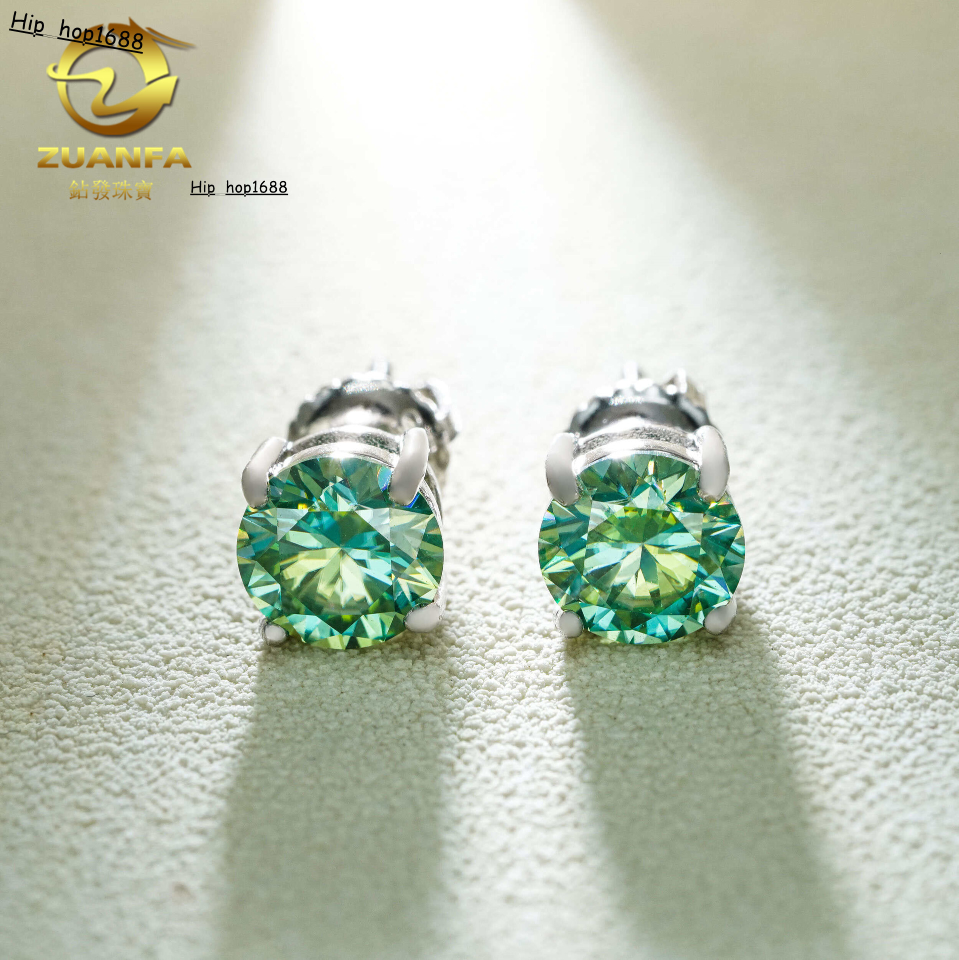 Single stone four-prong blue-green moissanite stud earrings S925 silver unisex available in multiple sizes simple earrings