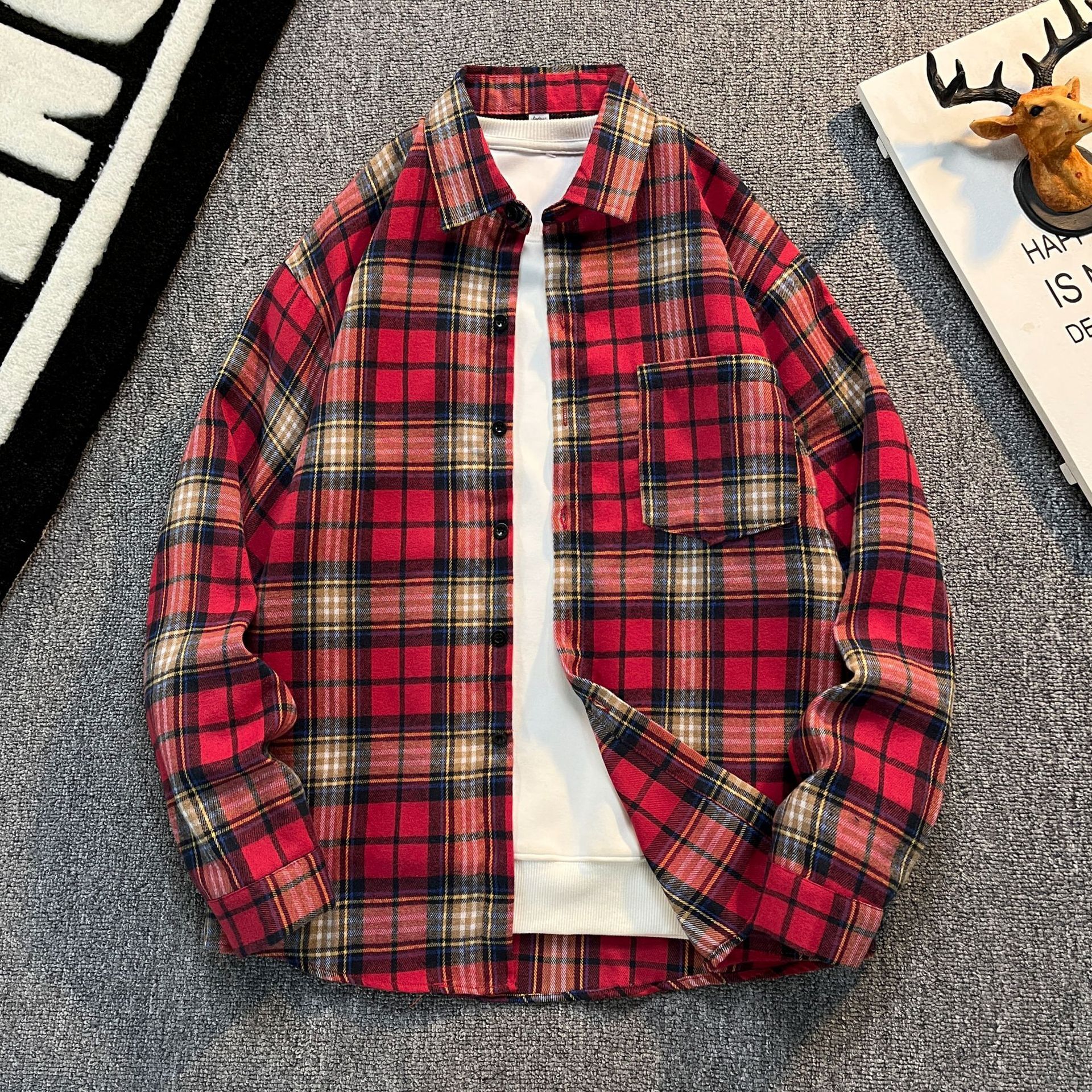 American Classic Retro Luxury Style Red Checkered Spring/summer Couple Long Sleeved Shirt M-8XL High Street Designer Shirt Men's Outdoor Casual J