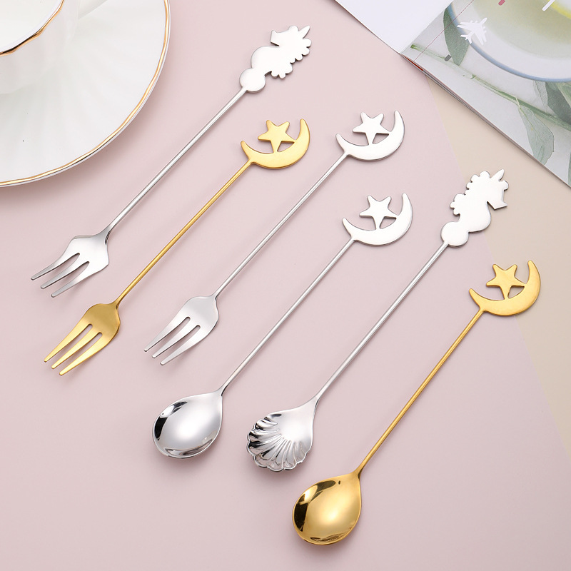 Fork Spoon Japanese Korean Creative Fruit Fork 304 Stainless Steel Star Moon Fork Spoon Seahorse Shell Coffee Stirring Spoon