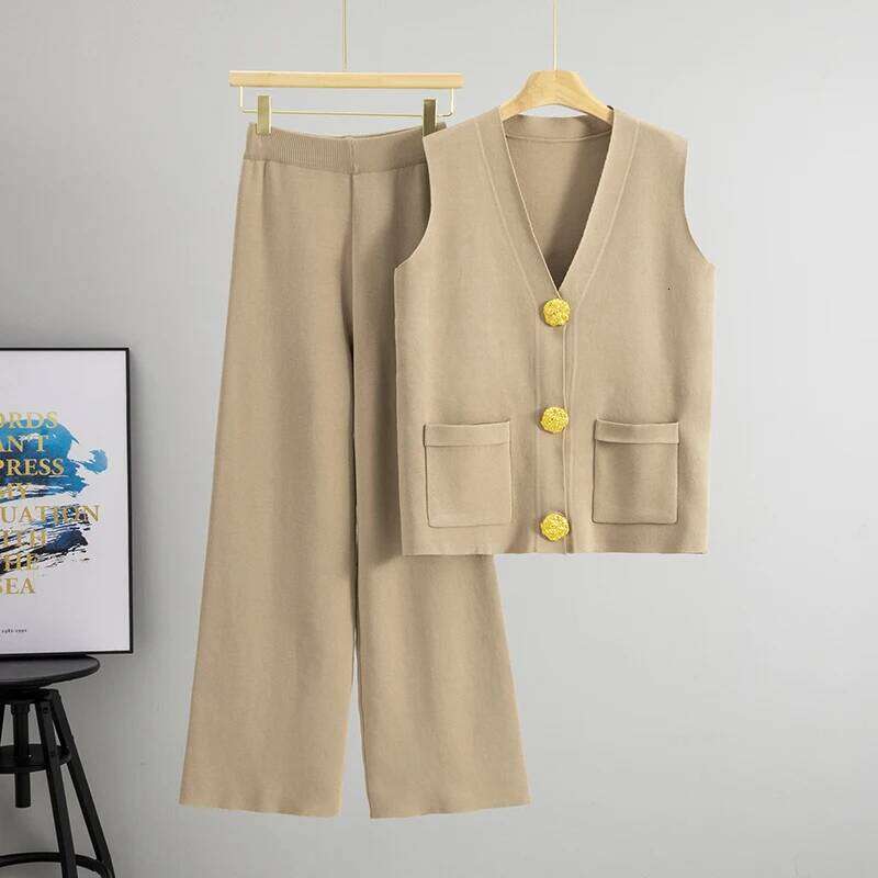 Casual Knit Pieces Suit Women V neck Sleeveless Single Breasted Slim Tank Wide leg Pants Female Set Spring Summer MAKOUFEI