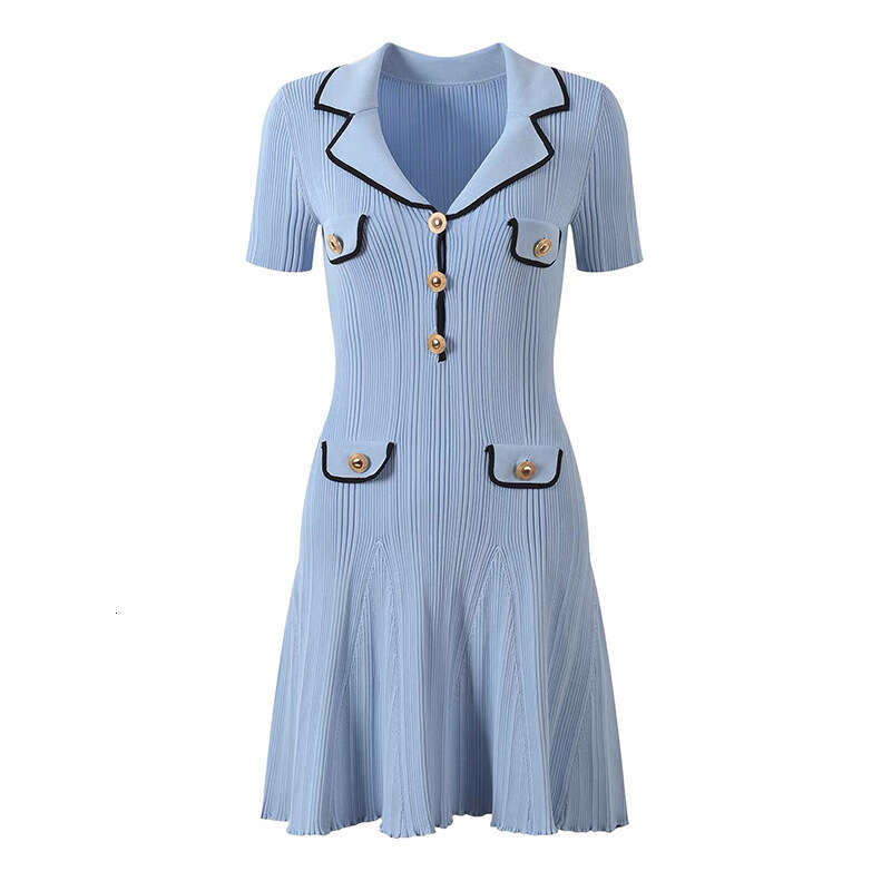 2026 Spring Designer k30 Exquisite Misty Blue Commuting Elegant Slimming Long Sleeve Knitted Ice Silk Dress