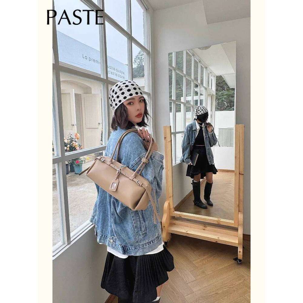 Arrival High Quality Cow Leather Horizontal Bowling Tote Women Niche Design Fashion All-match Casual Khaki Long Handle Large Capacity Daily Shoulder H