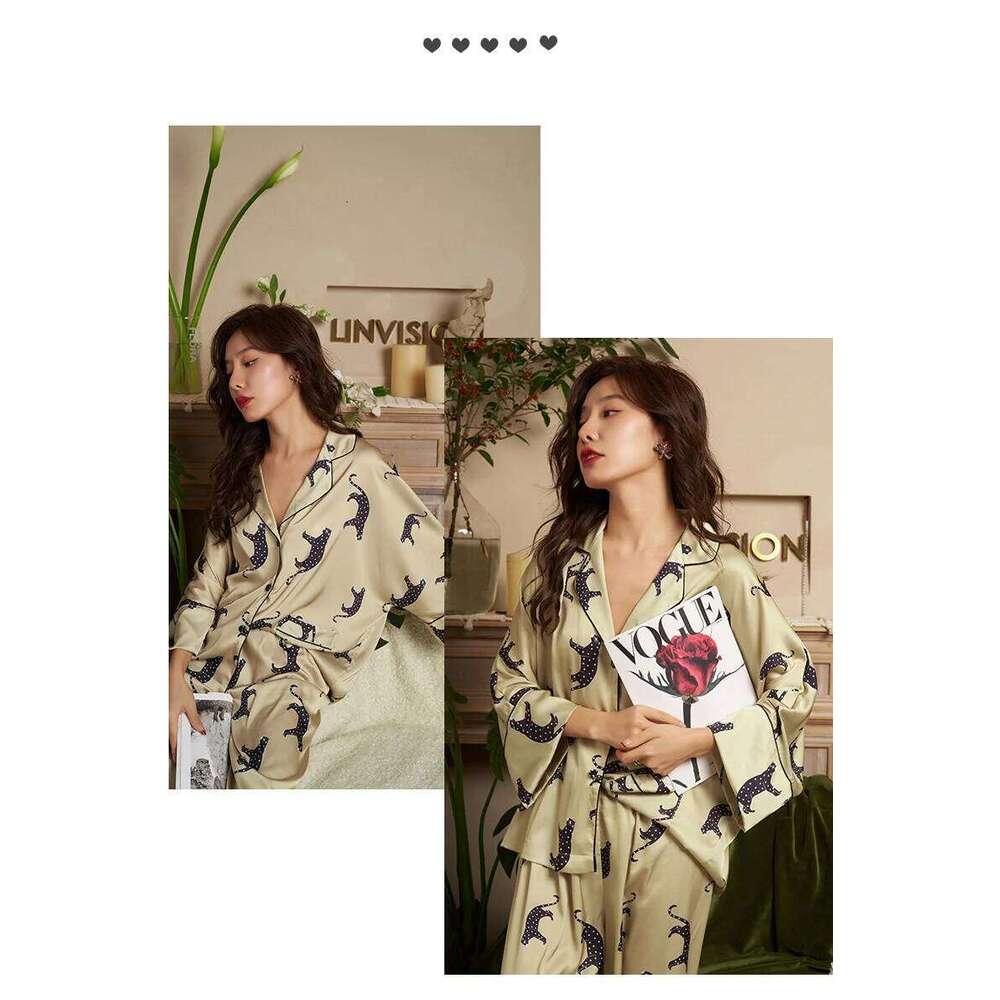 2026 New Arrival Women Fashion Leopard Bat Sleeve Ice Silk Pajamas Simple Casual Loose Thin Satin Sleepwear Night Suit MAKOUFEI