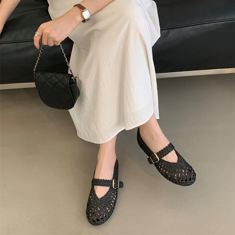 2026 Summer New Flat Mesh Ballet Flats Shallow Buckle Hollow Mary Jane Shoes Soft Woven Sandals ddmysaturn