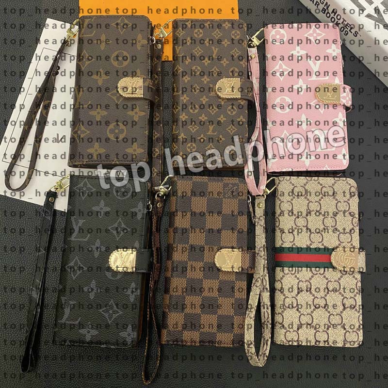 Designer Leather Flip Wallet Phone Case for 17 Pro Max Crossbody Phone Case with Card Holder For iPhone 14 13 12 16 Plus Samsung S26 S25 Case Wallet Shockproof Cover