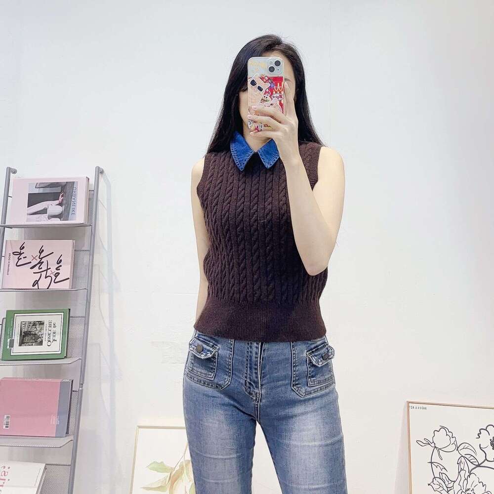 k30 Designer French light luxury women's retro denim lapel knitted vest slim fit sleeveless pullover top
