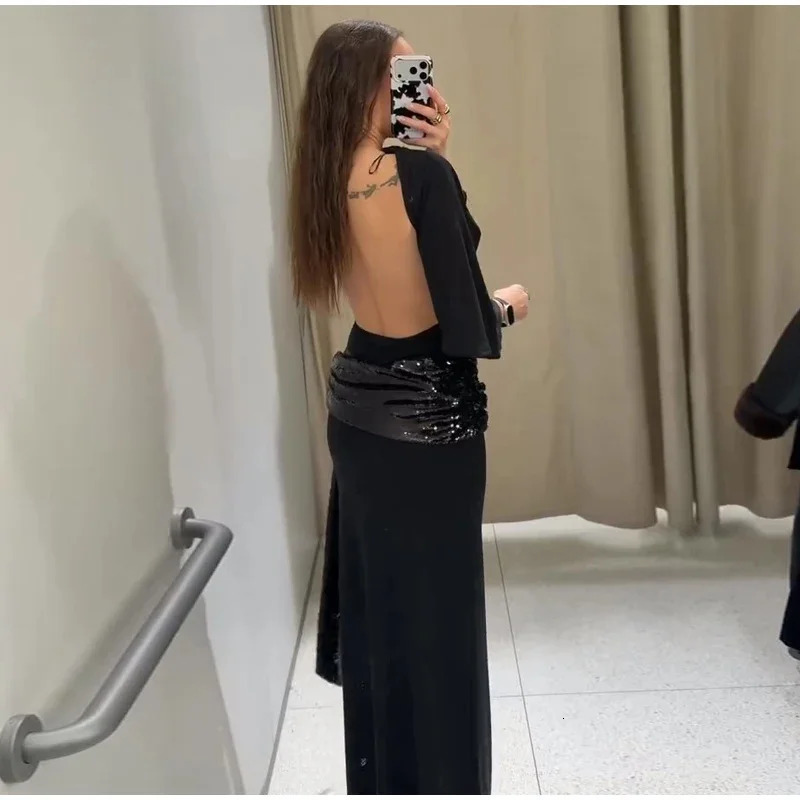 Women Backless Sequin Patchwork Maxi Dress Elegant Wide Sleeve Long Gowns Feminine Fashion Evening Party Daily Robes 260410