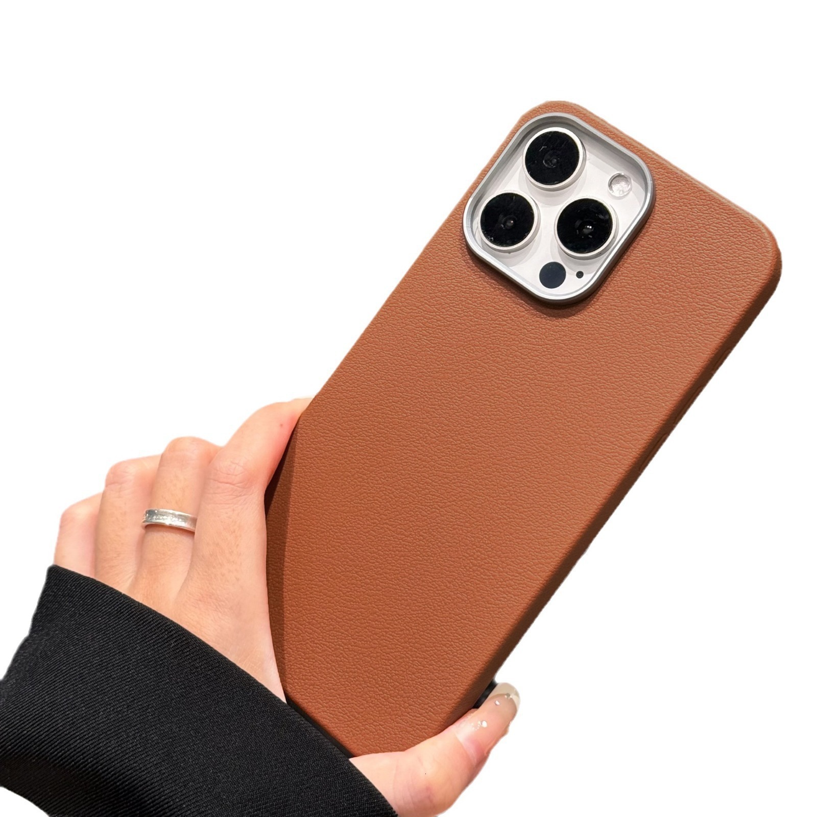 High-end lychee pattern phone case suitable for Apple 16 Pro Max, iPhone 15, solid color 14, electroplated 13, premium feel 12