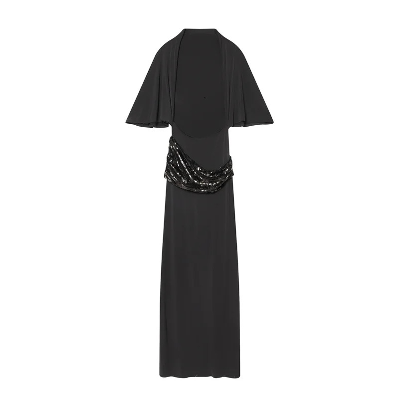 Women Backless Sequin Patchwork Maxi Dress Elegant Wide Sleeve Long Gowns Feminine Fashion Evening Party Daily Robes 260410