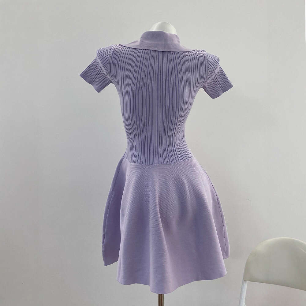 2026 summer k30 new designer light purple lapel elegant short sleeved knitted dress A-line fluffy skirt