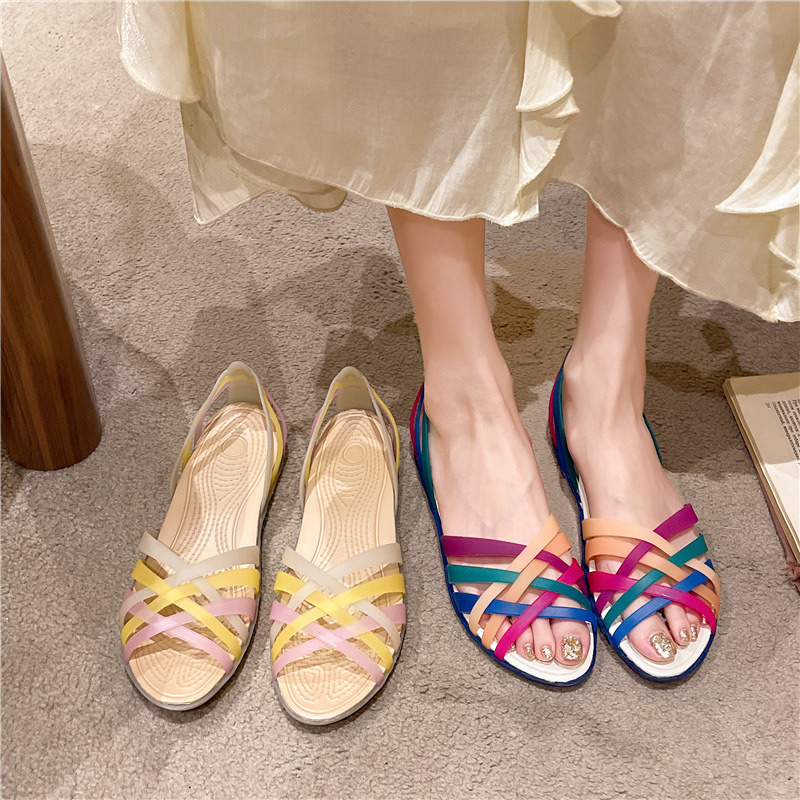 Summer New Flat Hole Shoes Female Beach Jelly Students Simple Rainbow Plastic Sandals ddmymonkey