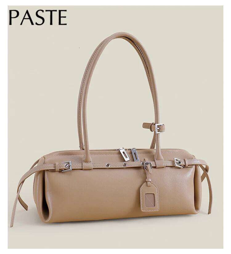 Arrival High Quality Cow Leather Horizontal Bowling Tote Women Niche Design Fashion All-match Casual Khaki Long Handle Large Capacity Daily Shoulder H