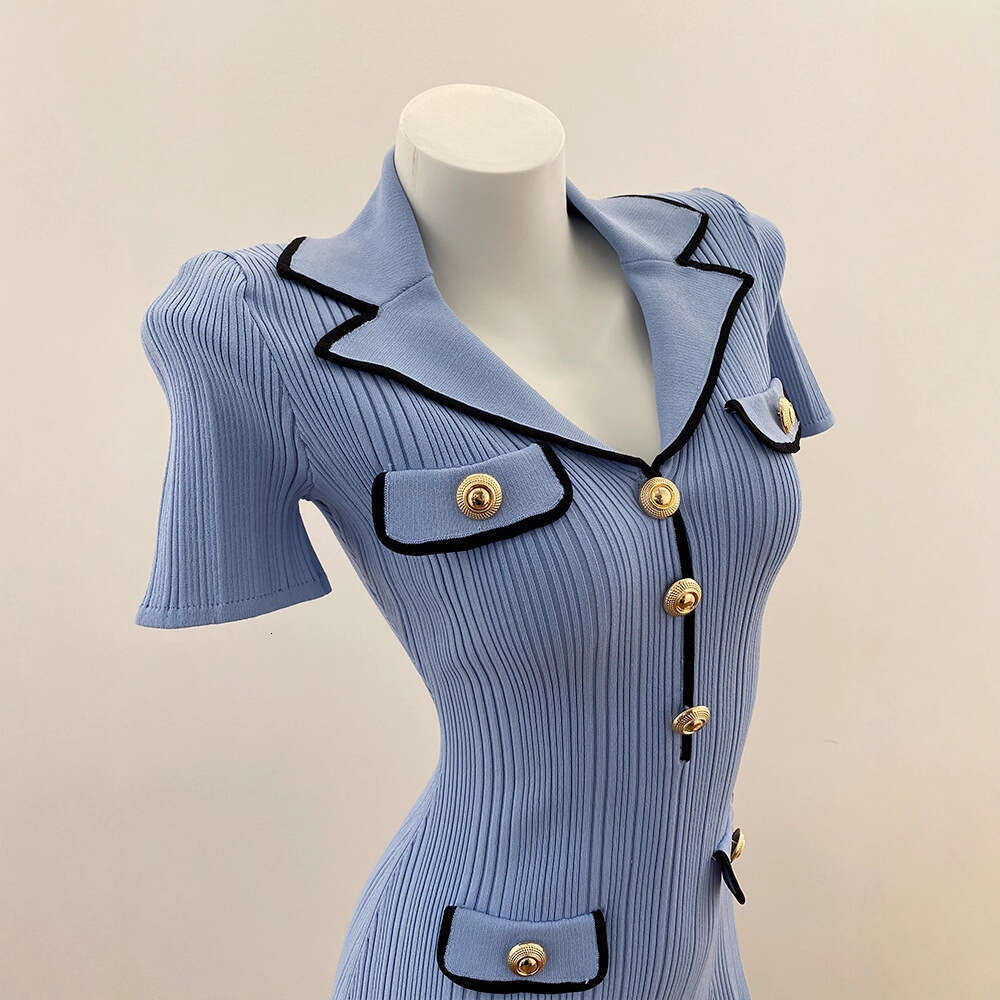 2026 Spring Designer k30 Exquisite Misty Blue Commuting Elegant Slimming Long Sleeve Knitted Ice Silk Dress