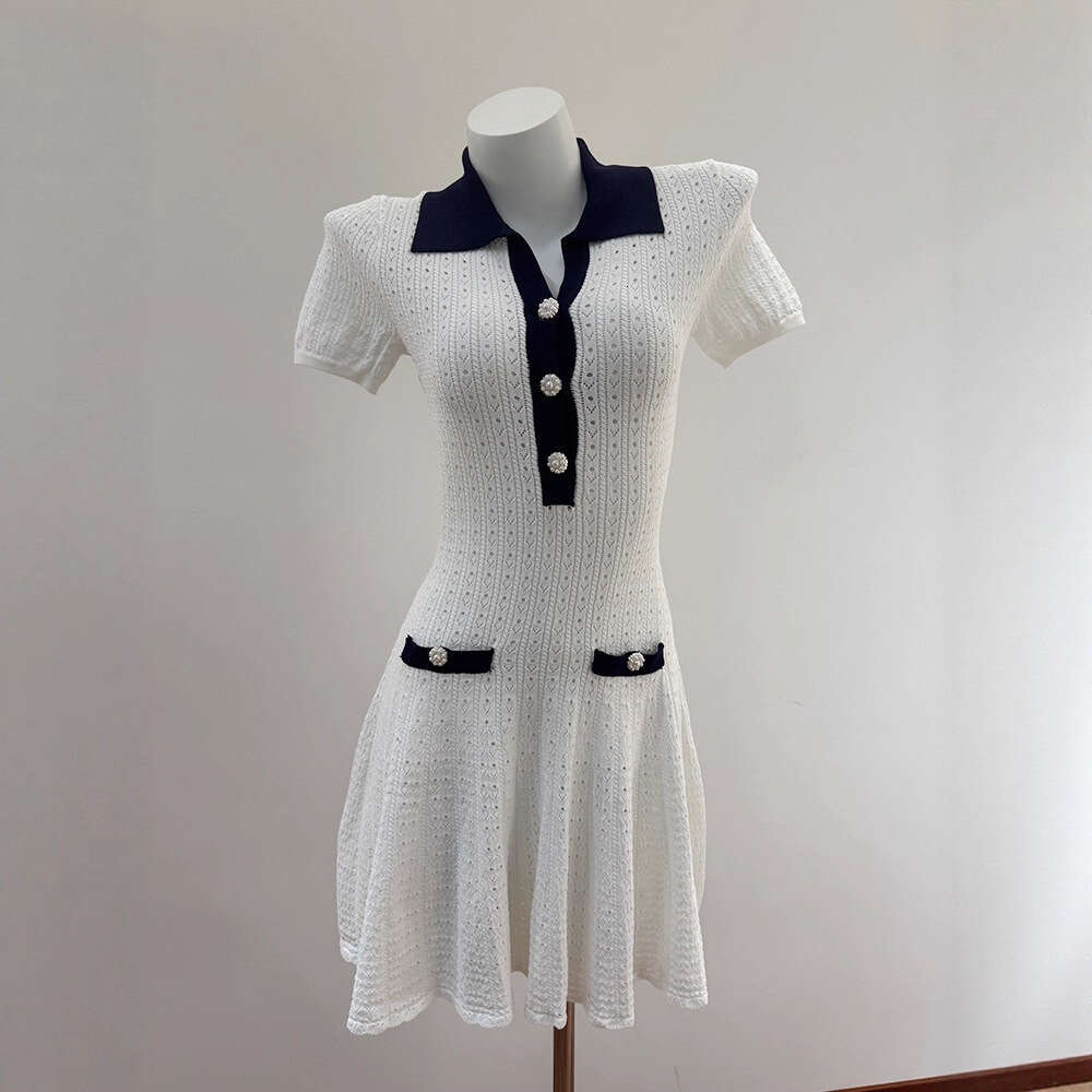 2026 Autumn New k30 Designer Light Purple Pure White Collar Hollow Fashion Women's Knitted Dress