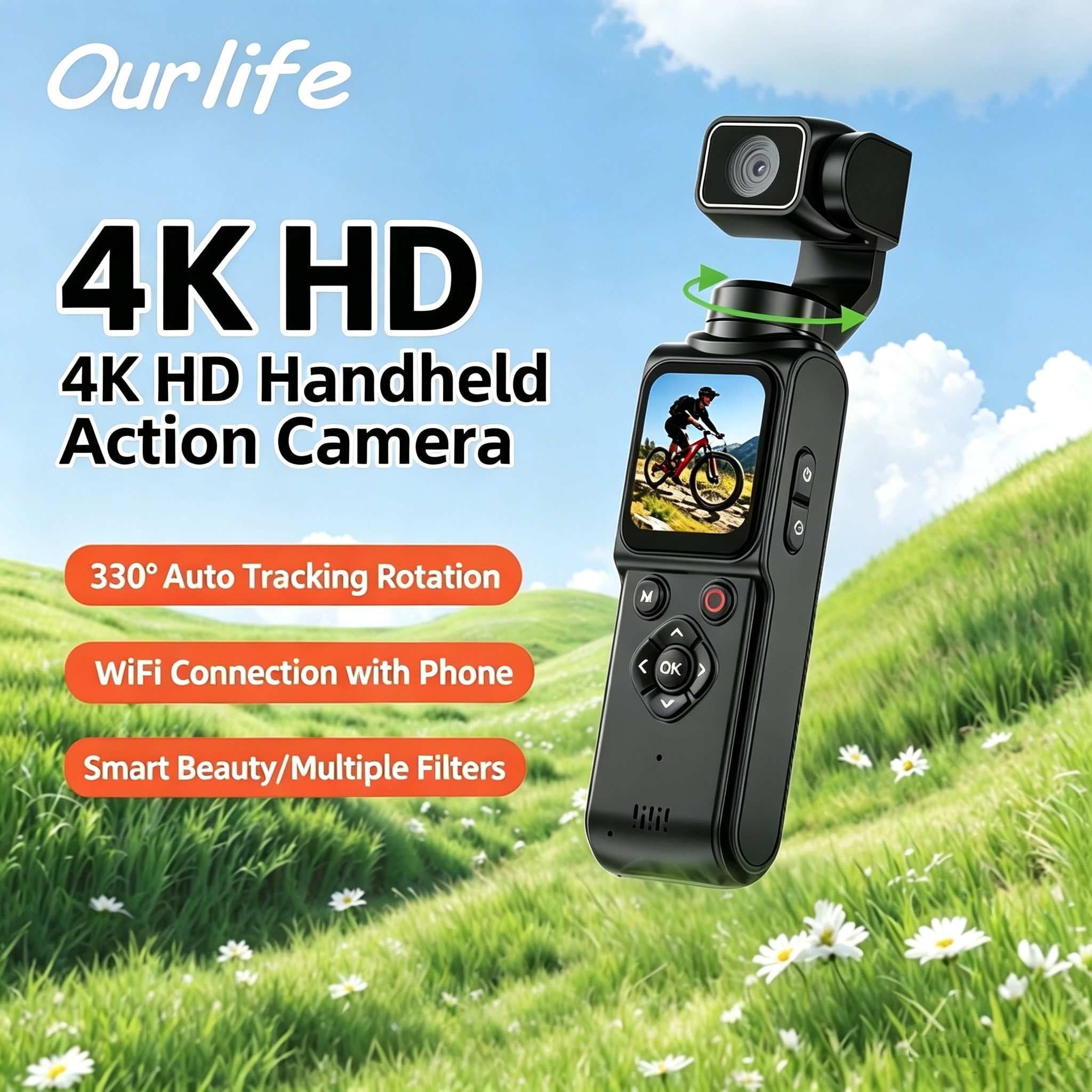New 4K HD handheld action camera, outdoor pocket gimbal camera, travel handheld vlog camera, camcorder