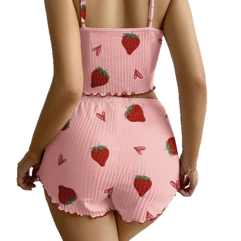 Luxury Brand Designer Women's Pajamas Cami Tank Top Shorts Set Strawberry Print Ruffle Edge Loungewear Home Wear Sleepwear Streetwear