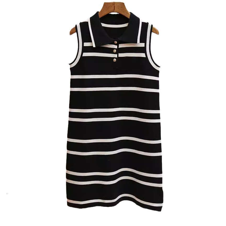 2026 designer high-end women's simple lapel sleeveless striped knitted k30 petite height FC increasing dress