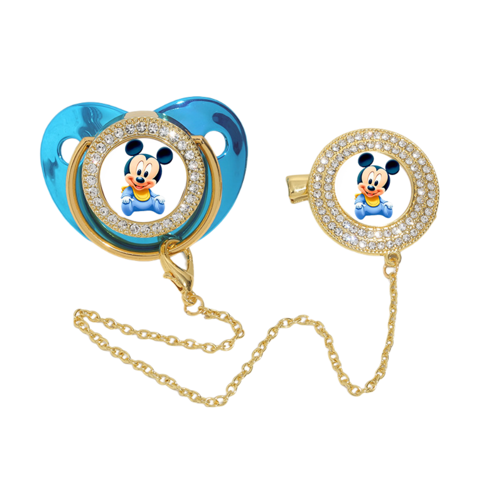 Baby Mickey Mouse Pacifier Clip with Rhinestone Charm - Gold Chain Teether Accessory for Boys