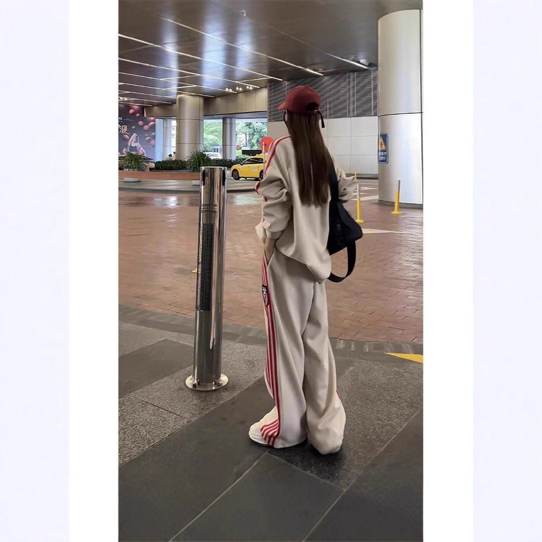 2026 New Designer Luxury Brand Retro American Fashion Casual Women's Sports Suit Striped Sports Shirt+wide Leg Pants Two-piece Women's Suit