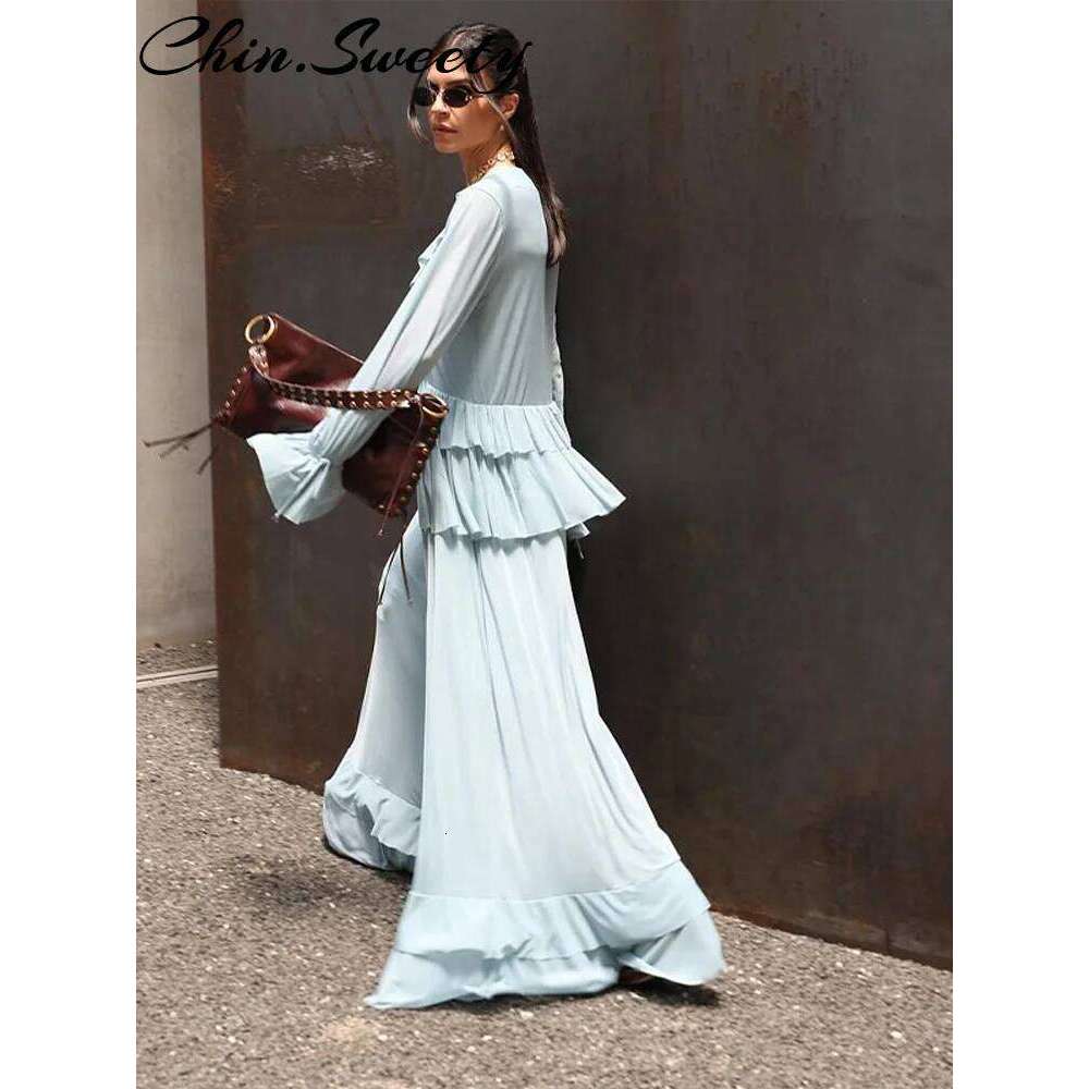 Fashion Women Ruffle Shirts Skirts Set Elegant Long Sleeve V Neck Shirt Pleated Empire Skirt Summer Vacation Lady Suit MAKOUFEI