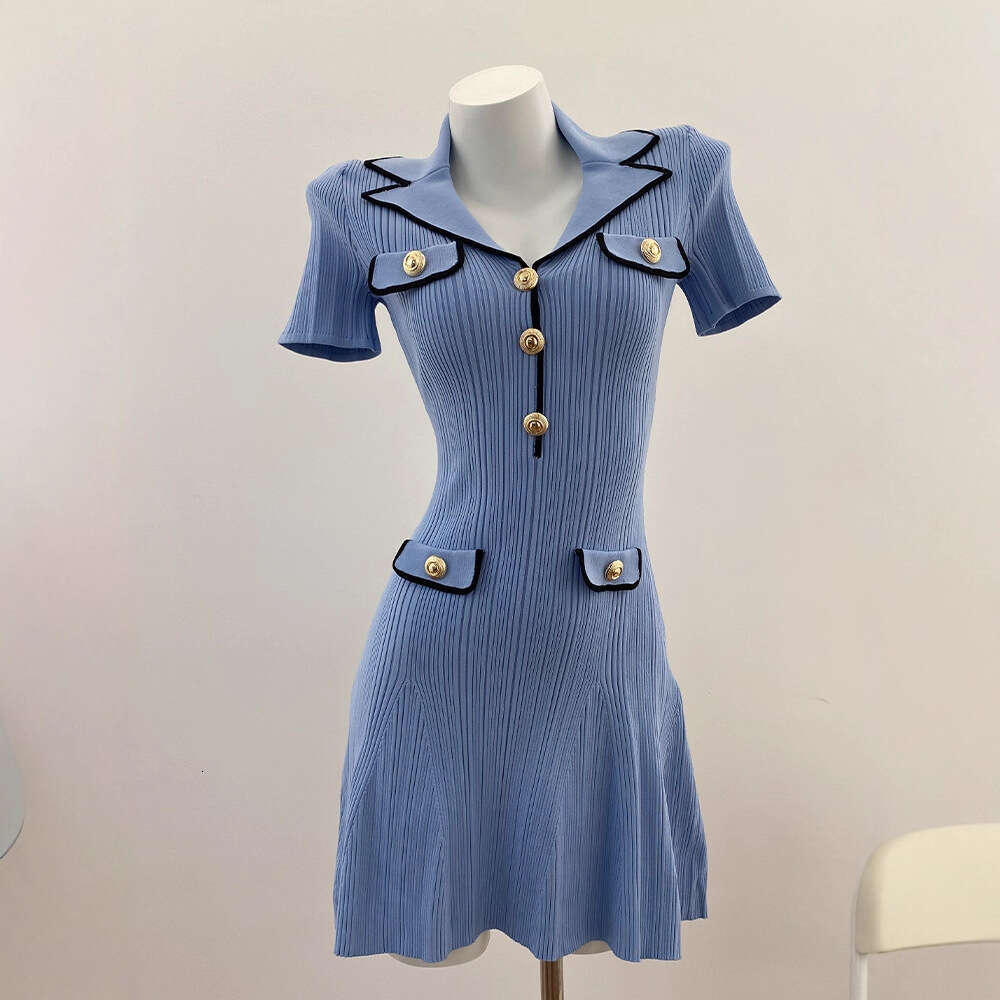 2026 Spring Designer k30 Exquisite Misty Blue Commuting Elegant Slimming Long Sleeve Knitted Ice Silk Dress