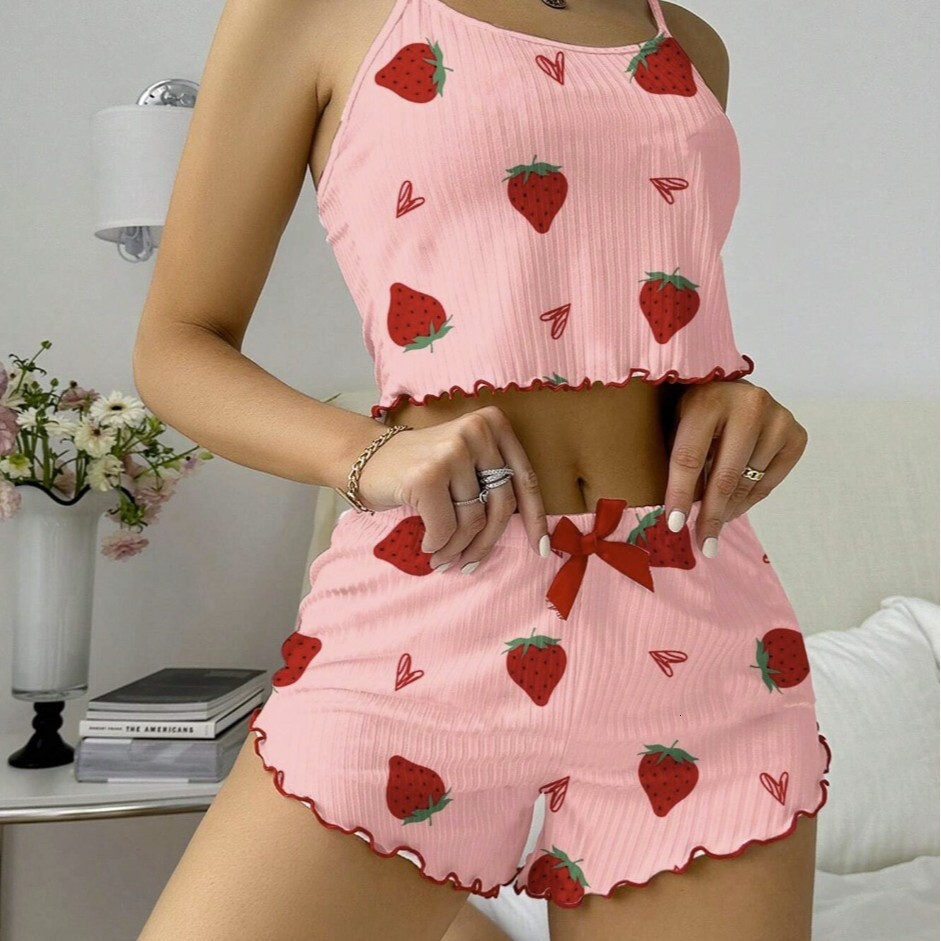 Luxury Brand Designer Women's Pajamas Cami Tank Top Shorts Set Strawberry Print Ruffle Edge Loungewear Home Wear Sleepwear Streetwear