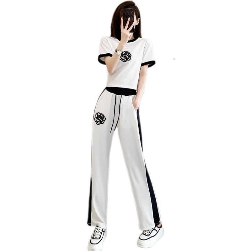 2026 Summer New Designer Luxury Brand Casual Loose Breathable Women's Fashion Set Young Fashion Slim Short T-shirt And Wide Leg Pants Two Piece S