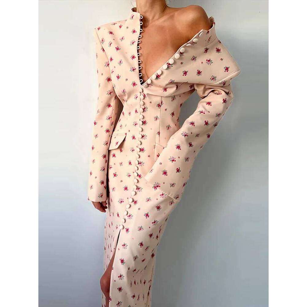 Elegant Women s Floral Print Blazer Dress Single Breasted Slit Maxi Dresses Bodycon Party Evening Formal Gown New Outfit MAKOUFEI