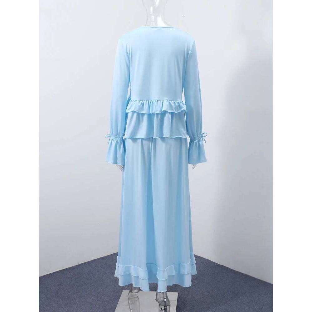 Fashion Women Ruffle Shirts Skirts Set Elegant Long Sleeve V Neck Shirt Pleated Empire Skirt Summer Vacation Lady Suit MAKOUFEI