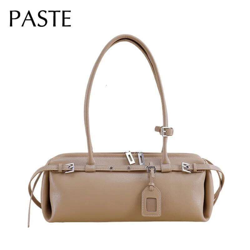 Arrival High Quality Cow Leather Horizontal Bowling Tote Women Niche Design Fashion All-match Casual Khaki Long Handle Large Capacity Daily Shoulder H