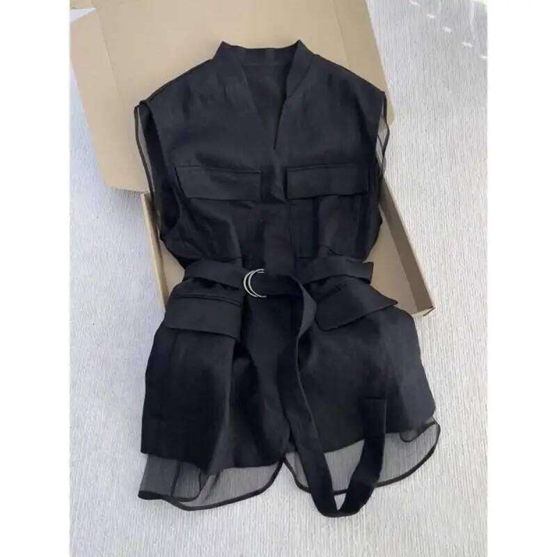 Korean Summer Black Sleeveless Vest Tops for Women V Neck Slim Waist Mesh Patchwork Shirt Elegant Office Casual Waistcoat MAKOUFEI