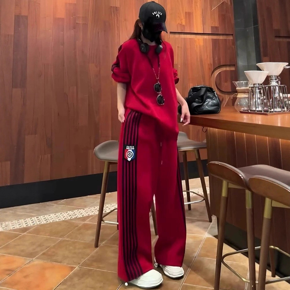 2026 New Designer Luxury Brand Retro American Fashion Casual Women's Sports Suit Striped Sports Shirt+wide Leg Pants Two-piece Women's Suit