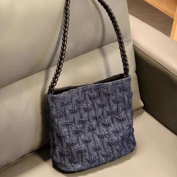 Totebag Shoulder ROSE NOIRE Vintage Ruched Denim Bucket Niche Design Casual Simple Shoulder Underarm Bag Versatile Commuter Handbag