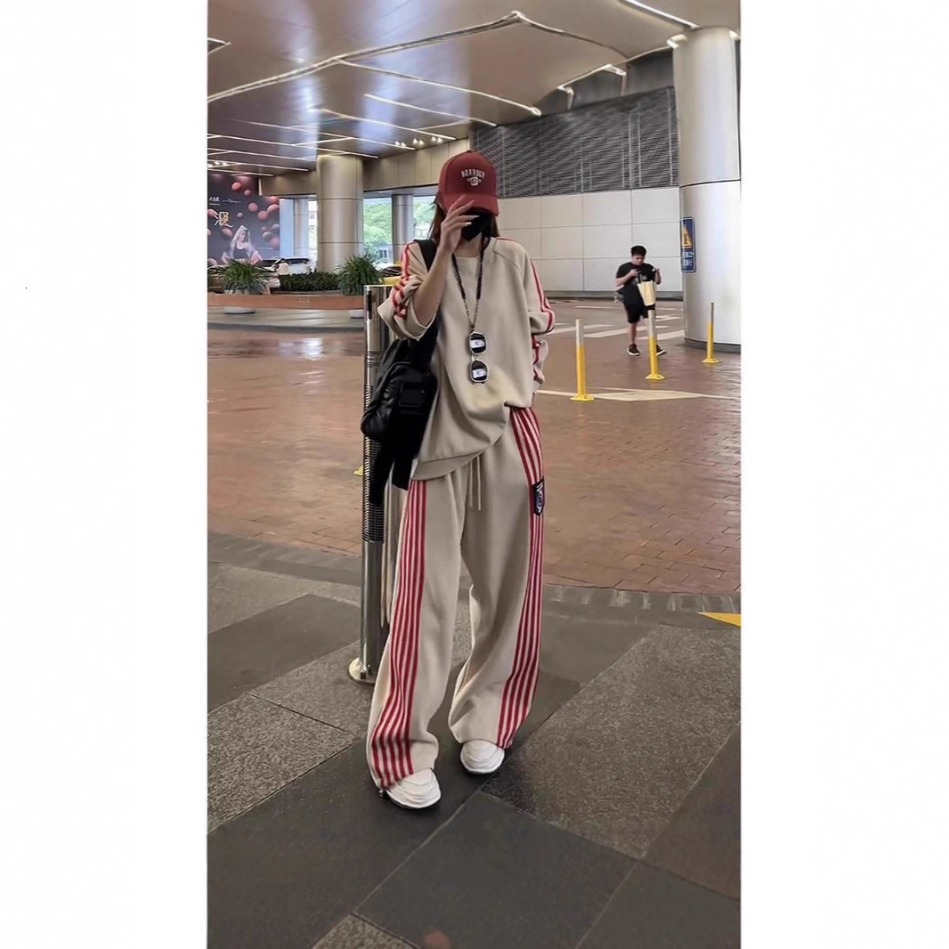 2026 New Designer Luxury Brand Retro American Fashion Casual Women's Sports Suit Striped Sports Shirt+wide Leg Pants Two-piece Women's Suit