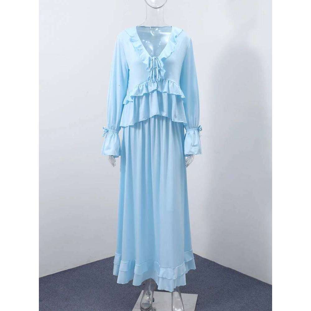 Fashion Women Ruffle Shirts Skirts Set Elegant Long Sleeve V Neck Shirt Pleated Empire Skirt Summer Vacation Lady Suit MAKOUFEI