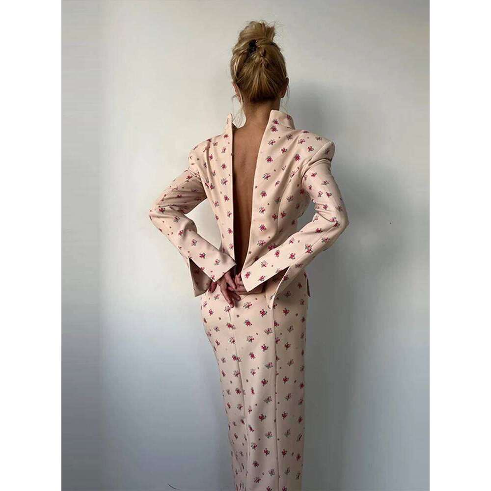 Elegant Women s Floral Print Blazer Dress Single Breasted Slit Maxi Dresses Bodycon Party Evening Formal Gown New Outfit MAKOUFEI