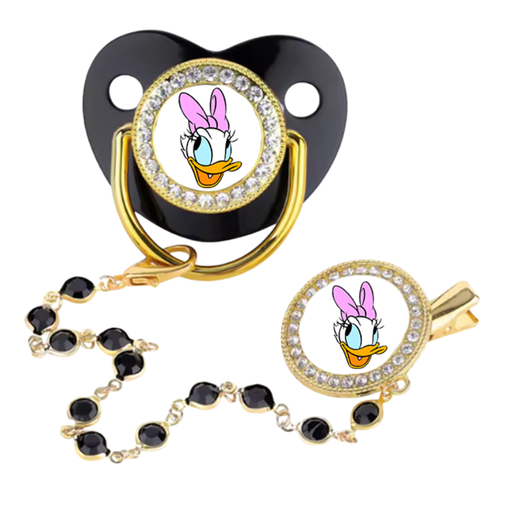 Luxury Baby Pacifier Set with Cartoon Bear Design - Black Shield, Rhinestone Trim, Gold Chain & Clip, Novelty Soother for Infants & Toddlers