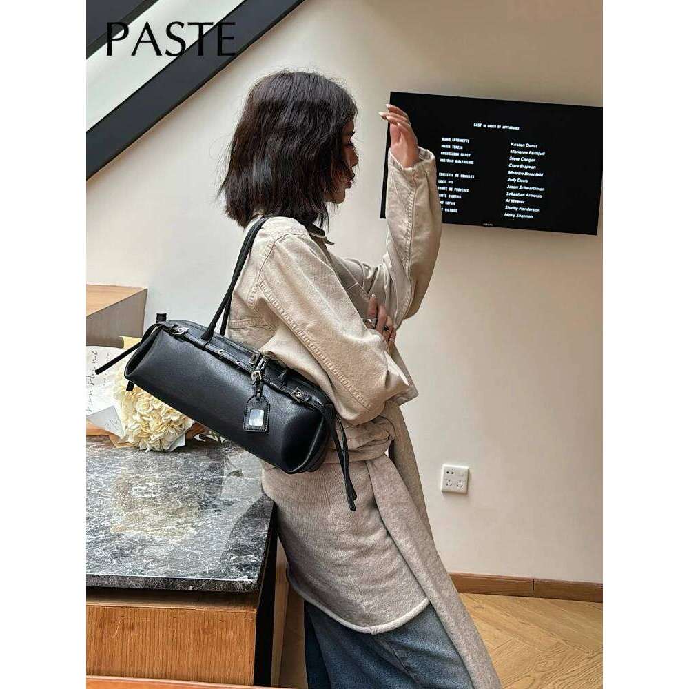 Arrival High Quality Cow Leather Horizontal Bowling Tote Women Niche Design Fashion All-match Casual Khaki Long Handle Large Capacity Daily Shoulder H